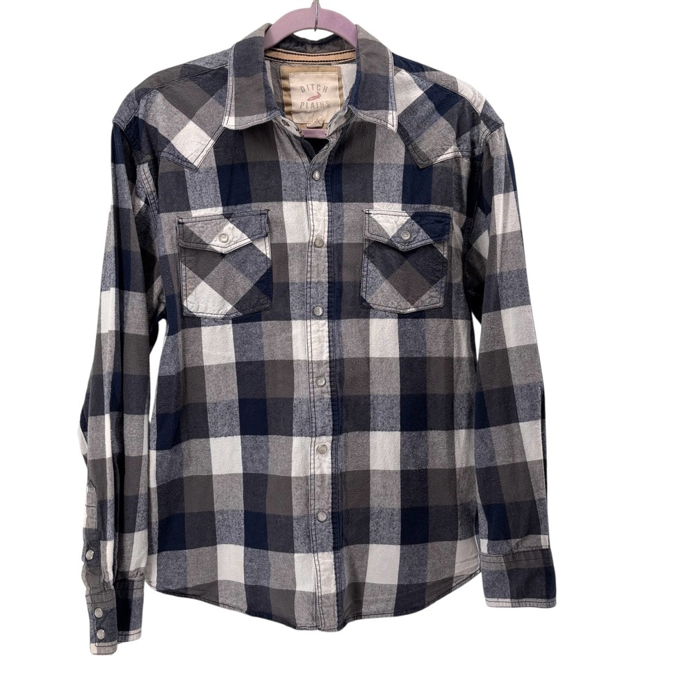 Ditch Plains Plaid Western Shirt Pearl Snap‎ Button Long Sleeve Men XL Blue Gray